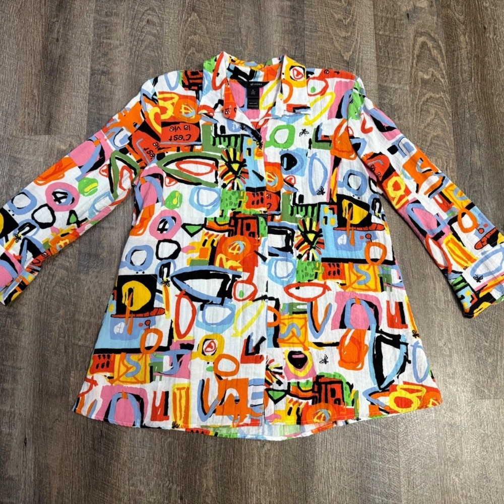 Share  Ali Miles COLORFUL ABSTRACT C'EST LA VIE Lightweight Jacket Tunic Sz M